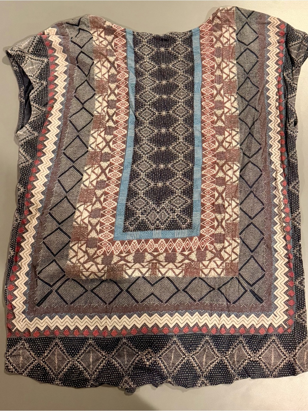 Lucky Brand Geometric Print Cap Sleeve Tunic in Blue, Brown, Cream size Large